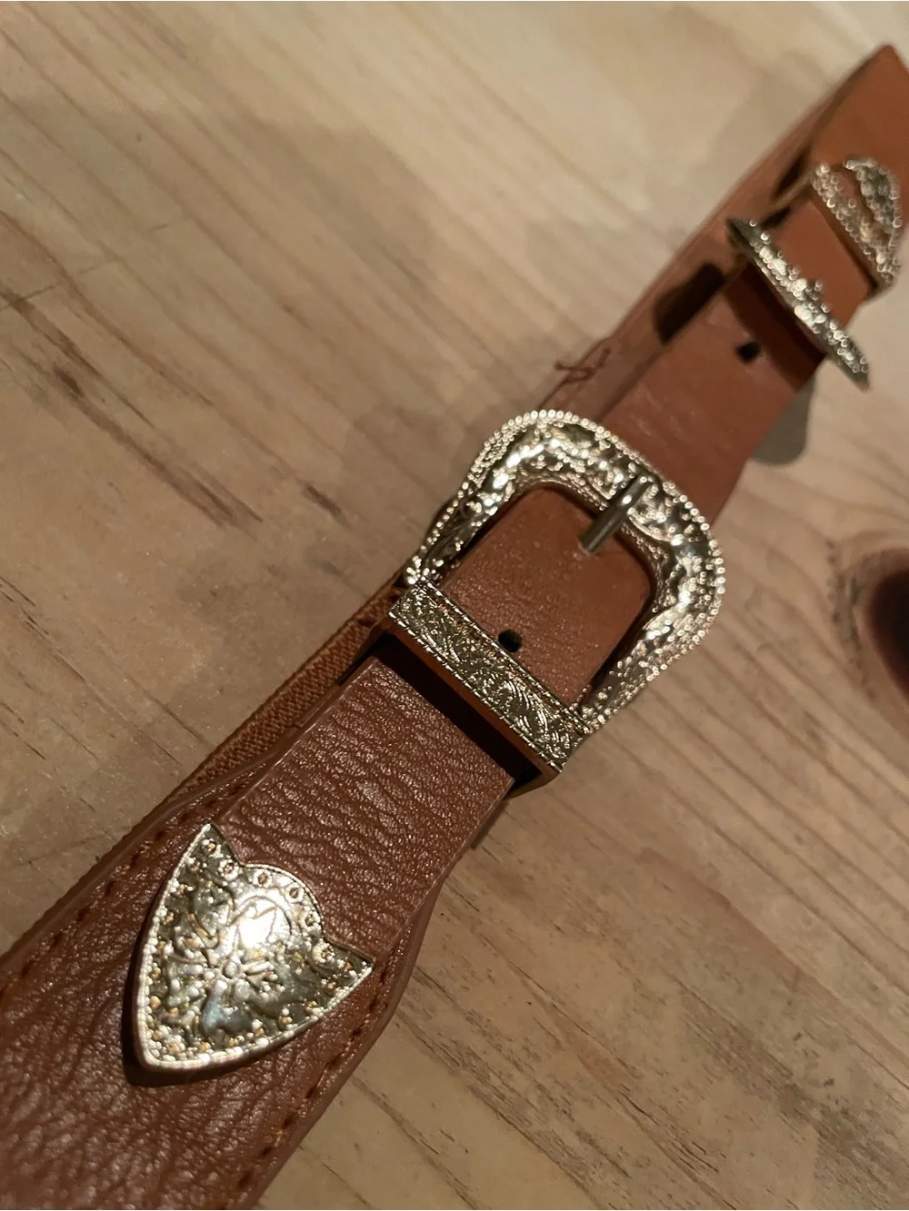 Brown Gold Embossed Double Buckle Belt equestrian Western Rodeo M L